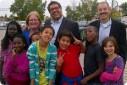 Pamela King, Trustee, Wards 5 & 10; Mayor Naheed Nenshi; and David Stevenson, Chief Superintendent of Schools with Patrick Airlie students.