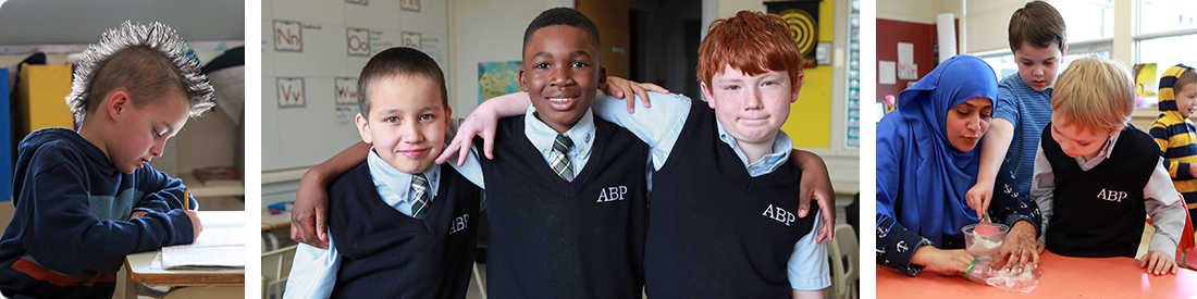 Three male students in uniform with linked arms, from the All Boys Program